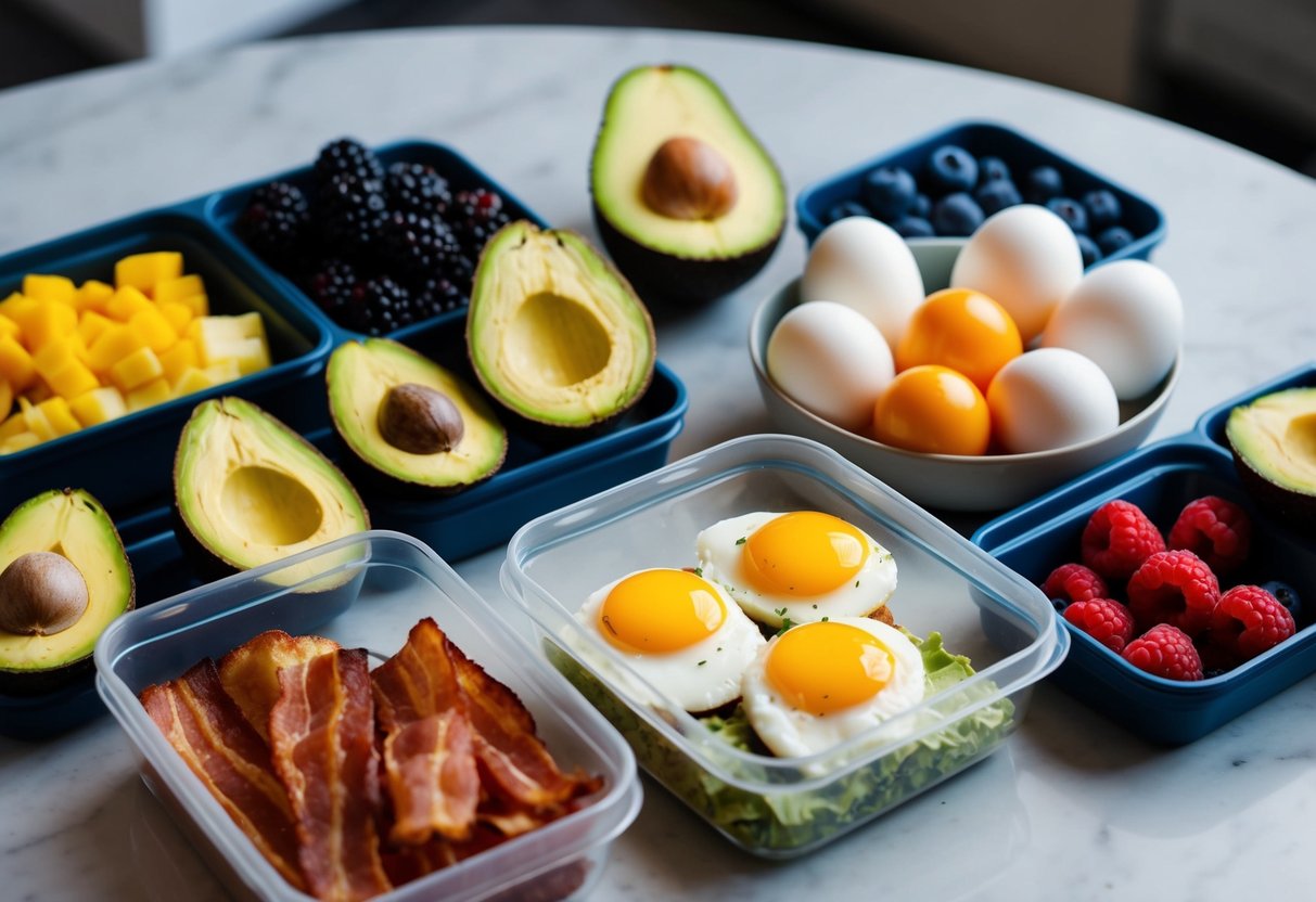 A variety of keto-friendly breakfast options laid out on a table, including eggs, avocado, bacon, and berries. A meal prep container is open, filled with neatly organized ingredients
