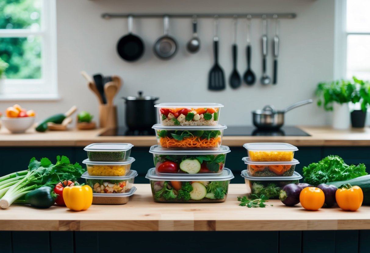 A kitchen counter with neatly organized containers of keto meal prepped food, surrounded by fresh vegetables and cooking utensils