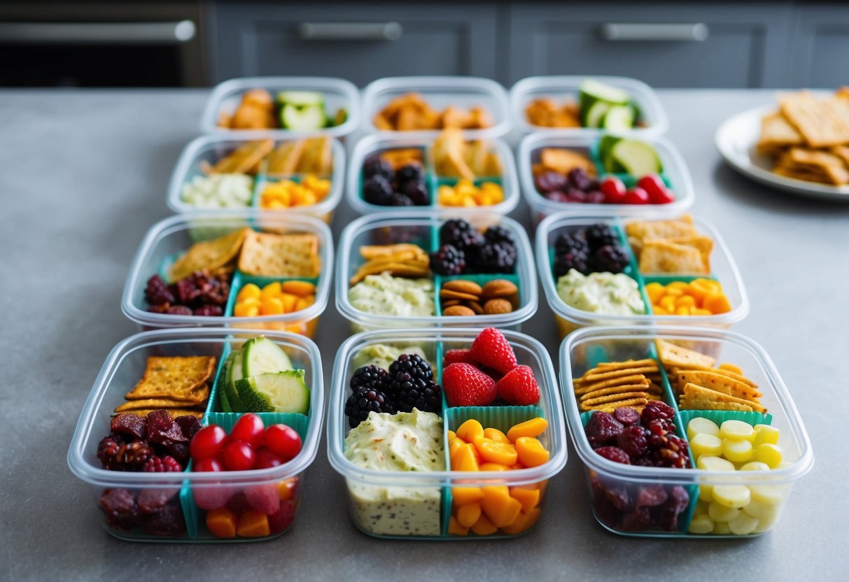 A variety of keto-friendly snacks and small bites neatly organized in individual containers for a week's worth of stress-free meal prep