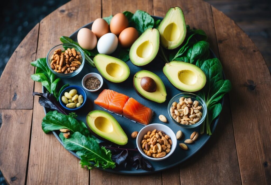 v2-p1poi-6k5iq A vibrant flat-lay of keto diet food list on a rustic wooden table, including avocados, eggs, salmon, nuts, and leafy green vegetables, styled in an aesthetically pleasing way.