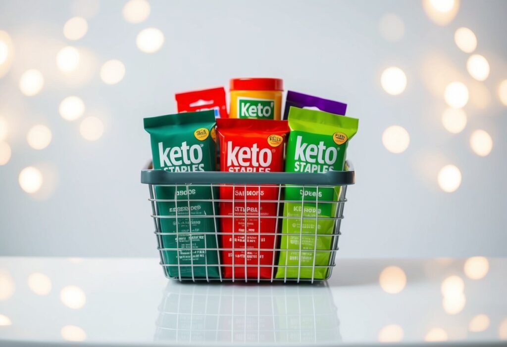 v2-p1pug-gdnkd An organized shopping basket filled with keto staples like olive oil, cheese, eggs, zucchini, and almonds, placed against a clean white background.