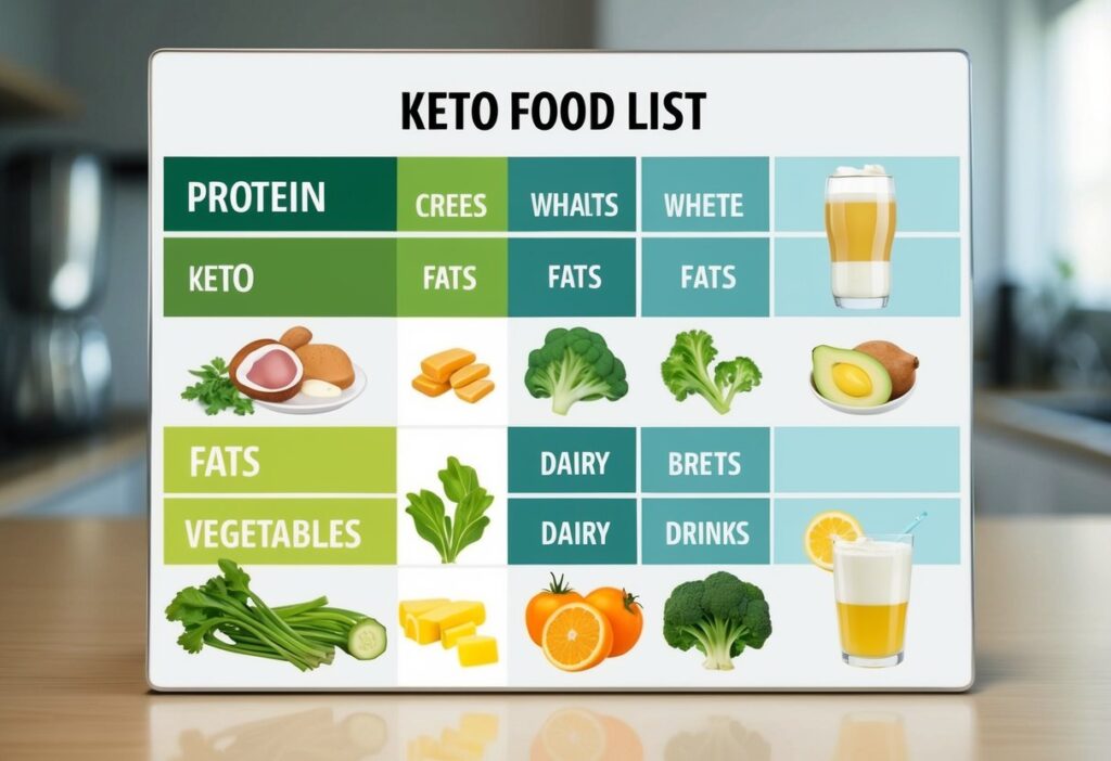 v2-p1pw9-l2o5m A clean and minimalistic chart or infographic showcasing a categorized keto diet food list: proteins, fats, vegetables, dairy, and drinks, with icons or realistic illustrations for each item.