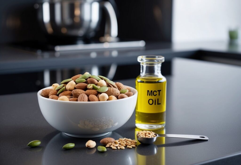 v2-p1q1f-25k46 A bowl of mixed nuts and seeds (almonds, chia seeds, sunflower seeds) alongside a bottle of MCT oil and a measuring spoon, set on a modern kitchen counter.
