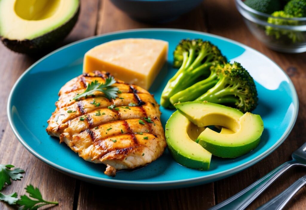v2-p1q6t-i4vzr A colorful plate showing a balanced keto meal: grilled chicken, sautéed broccoli, and avocado slices with a small serving of cheese on the side.