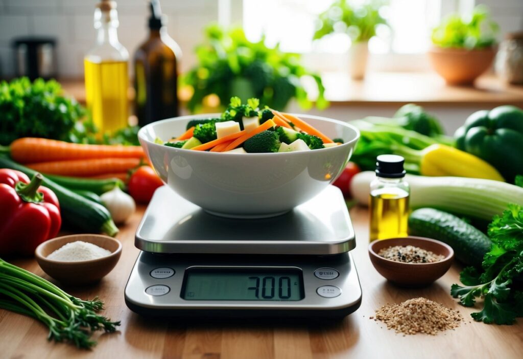 v2-p1qct-tgiud A digital kitchen scale in use with a bowl of measured keto ingredients, surrounded by various low-carb vegetables and oils.