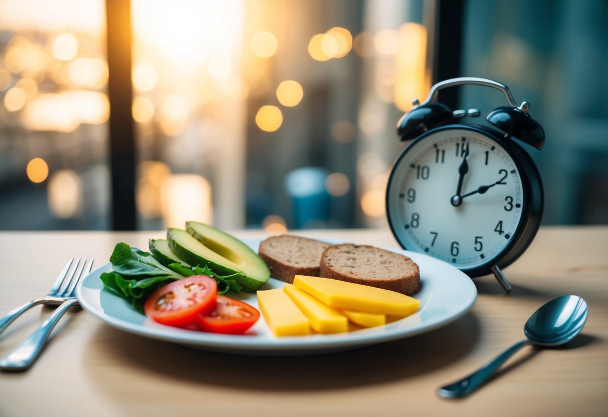 A plate with a balanced meal of high-fat, low-carb foods next to a clock showing Intermittent fasting with keto diet can supercharge weight loss..