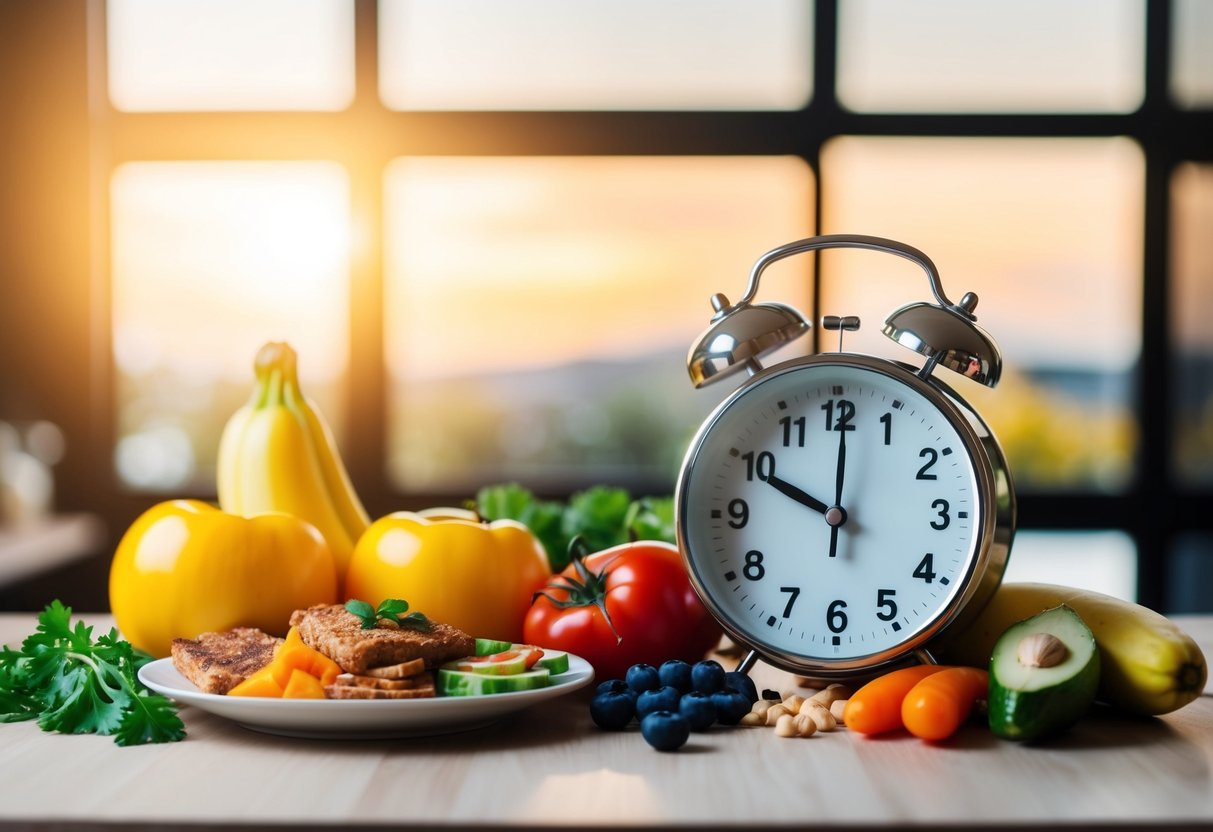 A table set with a variety of keto-friendly foods and a clock showing different fasting and eating windows