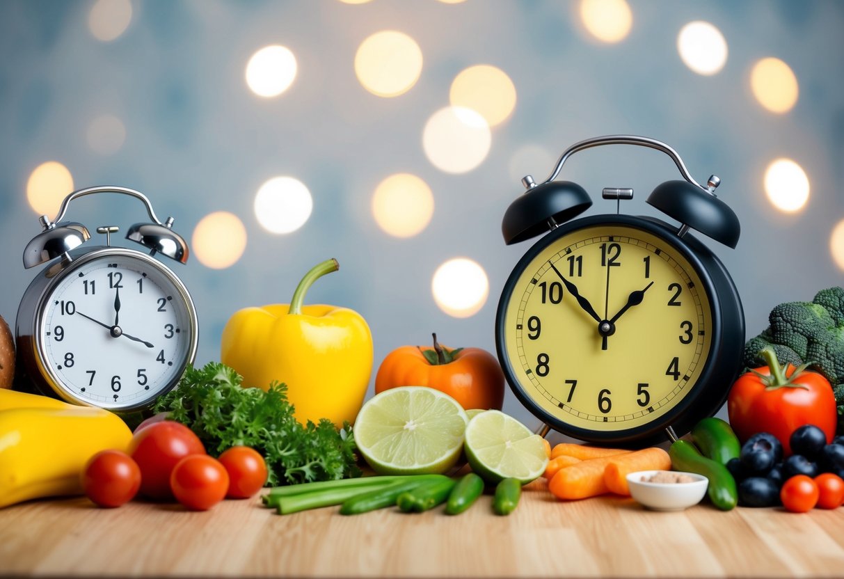 A table set with a variety of keto-friendly foods and a clock showing different time intervals, symbolizing the combination of keto and intermittent fasting for weight loss