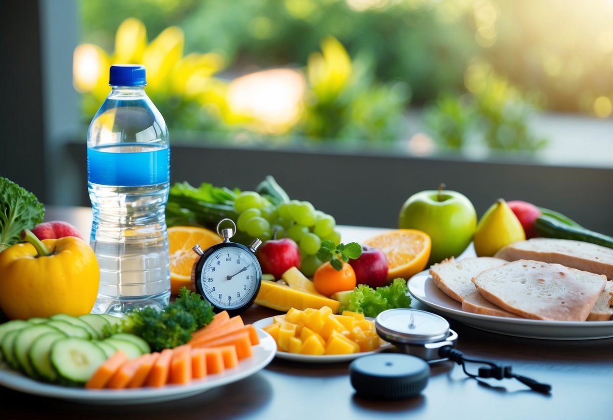 A table set with a variety of healthy foods, including fruits, vegetables, and lean proteins, alongside a bottle of water and a stopwatch