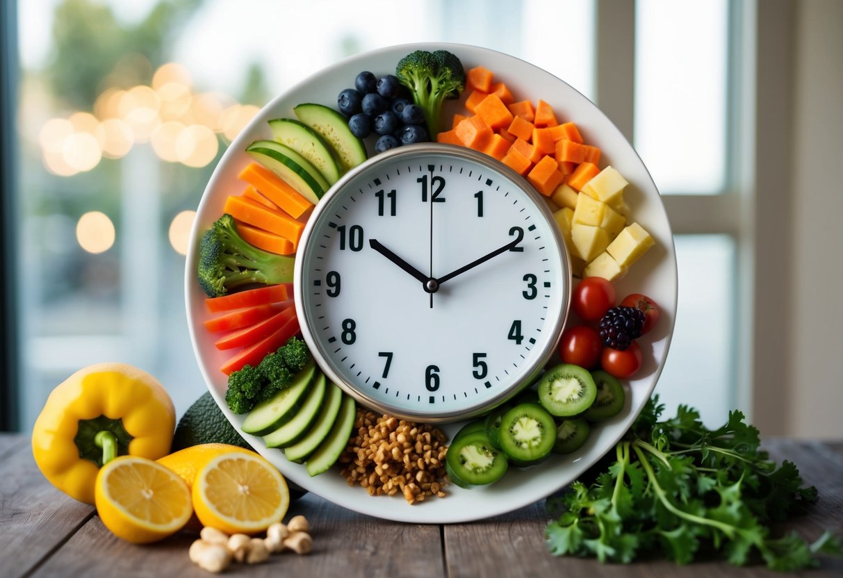 A plate of keto-friendly foods arranged in a time-restricted eating window, with a clock showing the fasting period