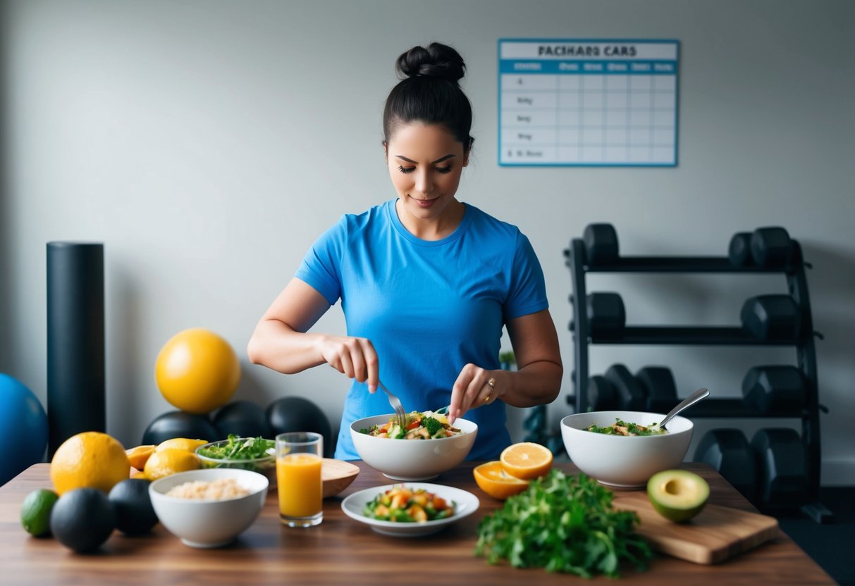 A person preparing a balanced meal with a combination of keto-friendly and intermittent fasting-approved foods, surrounded by exercise equipment and a progress chart on the wall