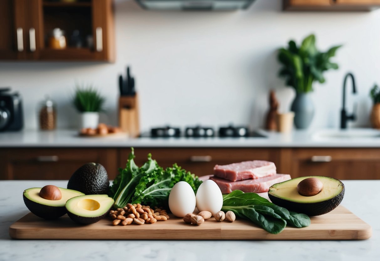 A kitchen counter with a variety of keto-friendly foods and ingredients, including avocado, eggs, nuts, leafy greens, and lean meats