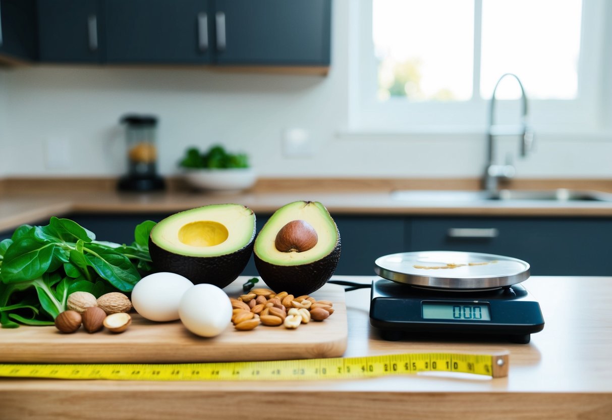 A kitchen counter with a variety of keto-friendly foods such as avocados, eggs, nuts, and leafy greens. A scale and measuring tape are also present to symbolize tracking progress