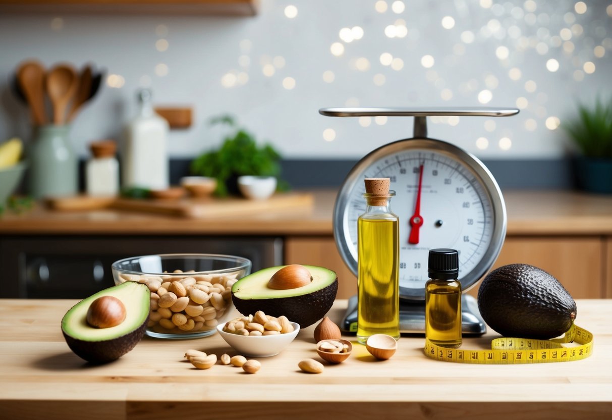 A kitchen counter with a variety of low-carb, high-fat foods like avocados, nuts, and oils, alongside a scale and measuring tape.