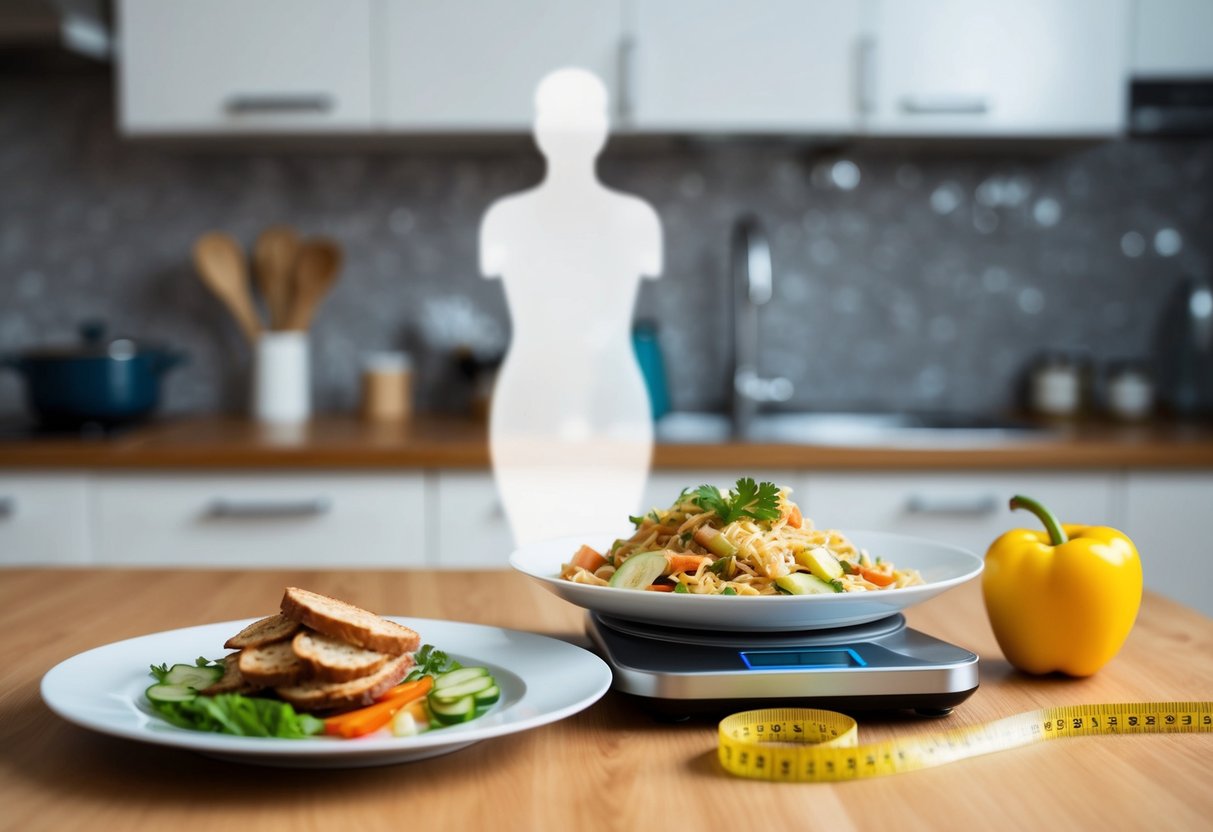 A kitchen table with a plate of low-carb, high-fat foods, a scale, and a measuring tape. A person's body silhouette in the background, showing weight loss progress. Show When Does the Keto Diet Start Working