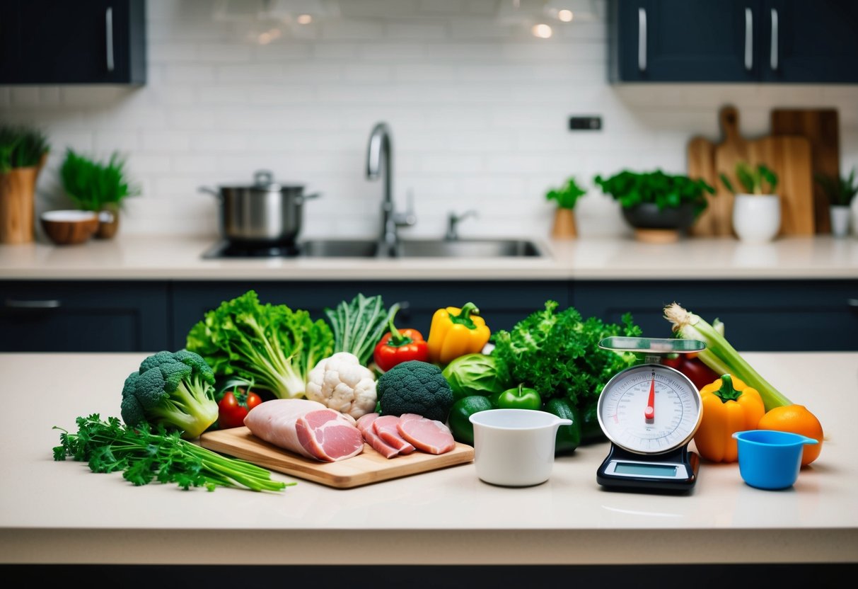 A kitchen counter with a variety of fresh vegetables, lean meats, and healthy fats. A scale and measuring cups sit nearby, emphasizing portion control
