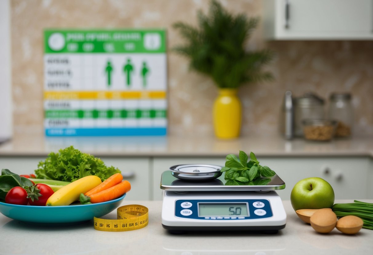A kitchen counter with a digital scale, measuring tape, and a variety of fresh, low-carb foods. A chart showing weight and health markers progress is displayed on the wall