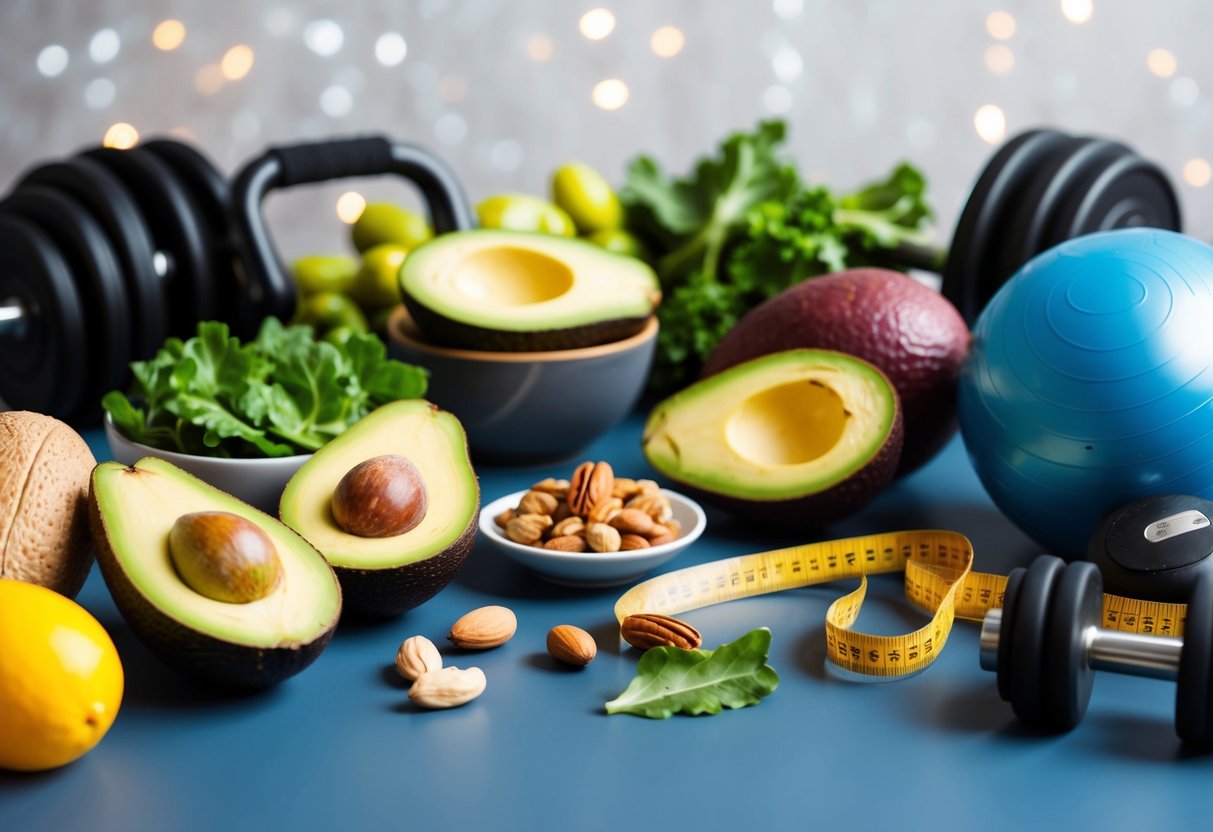 A table with a variety of keto-friendly foods, including avocados, nuts, and leafy greens, surrounded by workout equipment and a tape measure showing progress