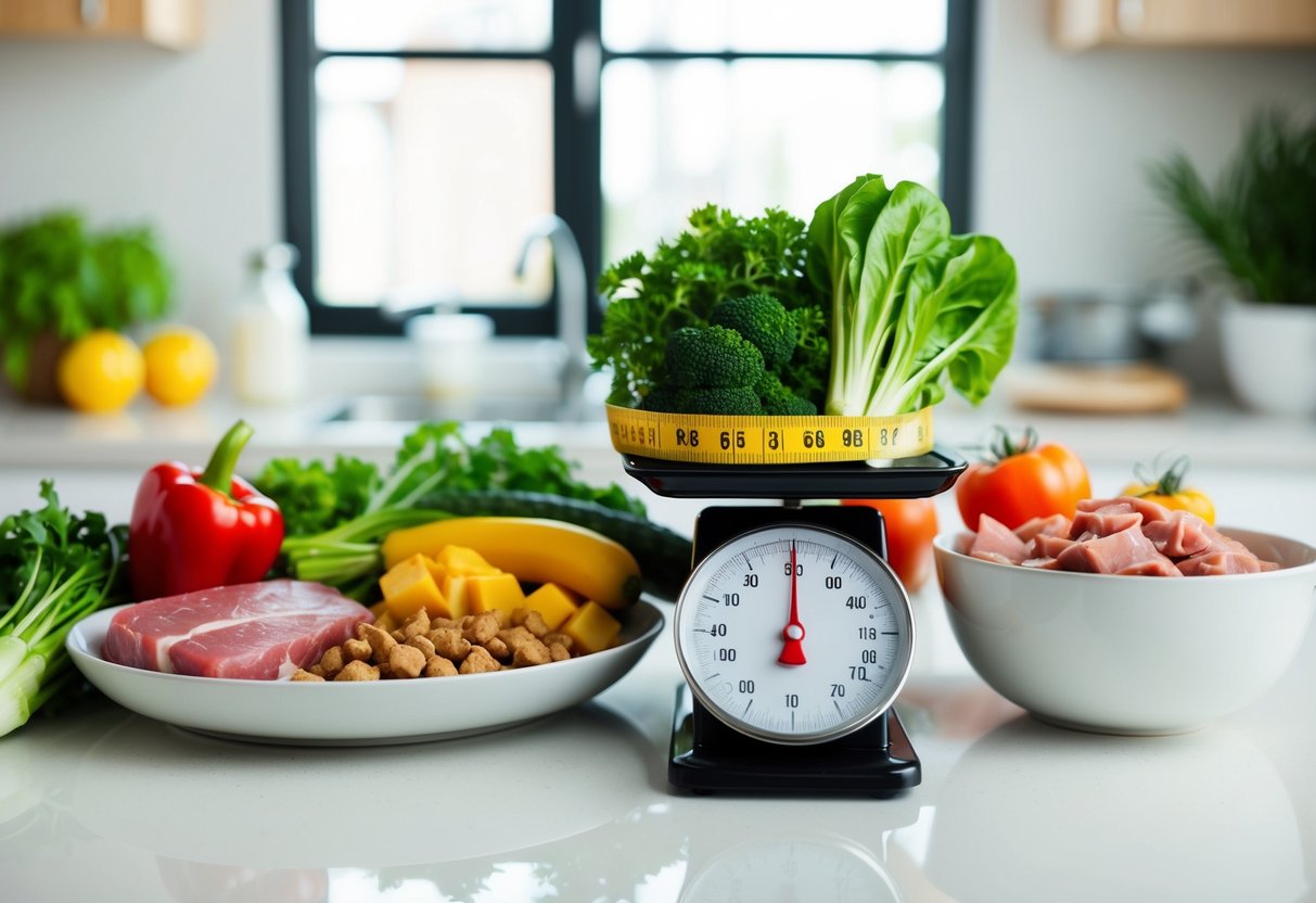 A kitchen counter with fresh vegetables, lean meats, and healthy fats. A scale shows decreasing numbers. A tape measure wraps around a shrinking waistline