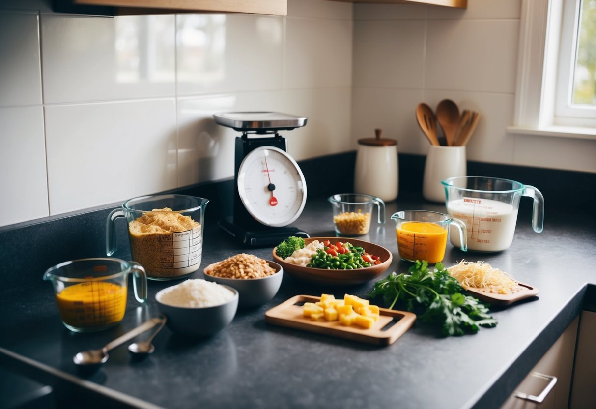 A kitchen counter with various keto-friendly foods and ingredients, surrounded by measuring cups and spoons. A scale sits in the corner