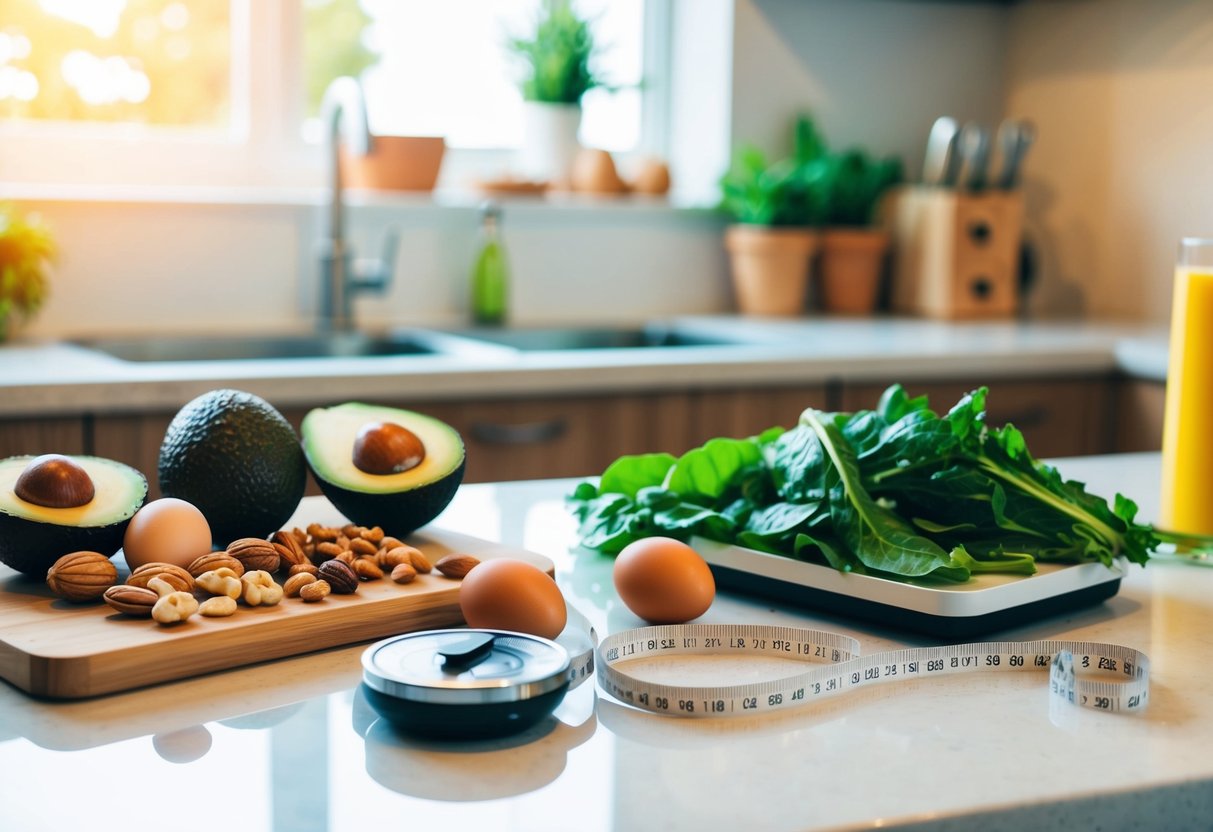 A kitchen counter with a variety of keto-friendly foods, including avocados, eggs, nuts, and leafy greens. A measuring tape and scale are nearby