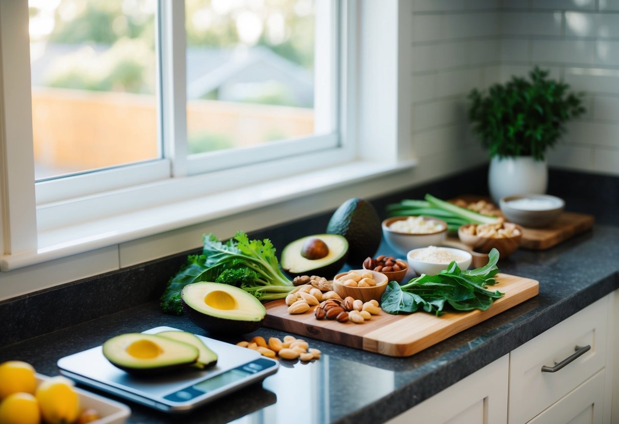 A kitchen counter with a variety of keto-friendly foods and ingredients, including avocados, nuts, leafy greens, and lean proteins. A scale sits in the corner