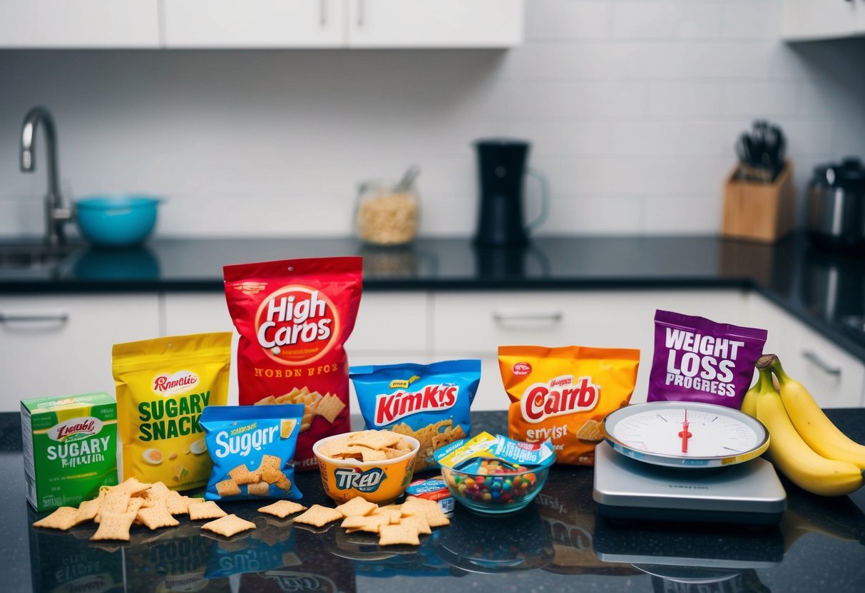 A kitchen counter cluttered with high-carb foods and sugary snacks next to a scale showing no weight loss progress. This show why you're not losing weight on keto