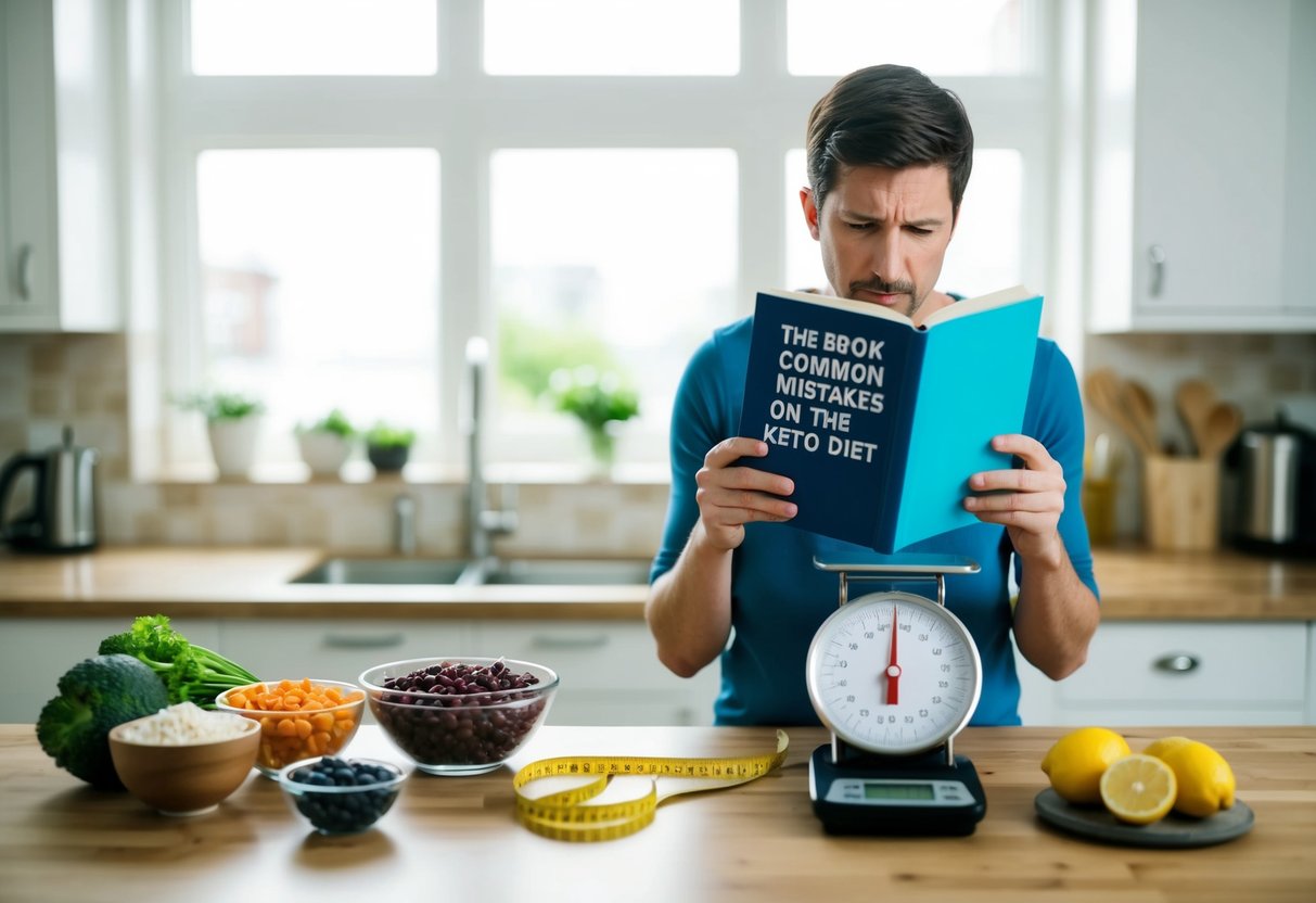 A kitchen counter with a variety of keto-friendly foods, a scale, and a measuring tape. A person looks frustrated while reading a book about common mistakes on the keto diet and why not losing weight on keto.