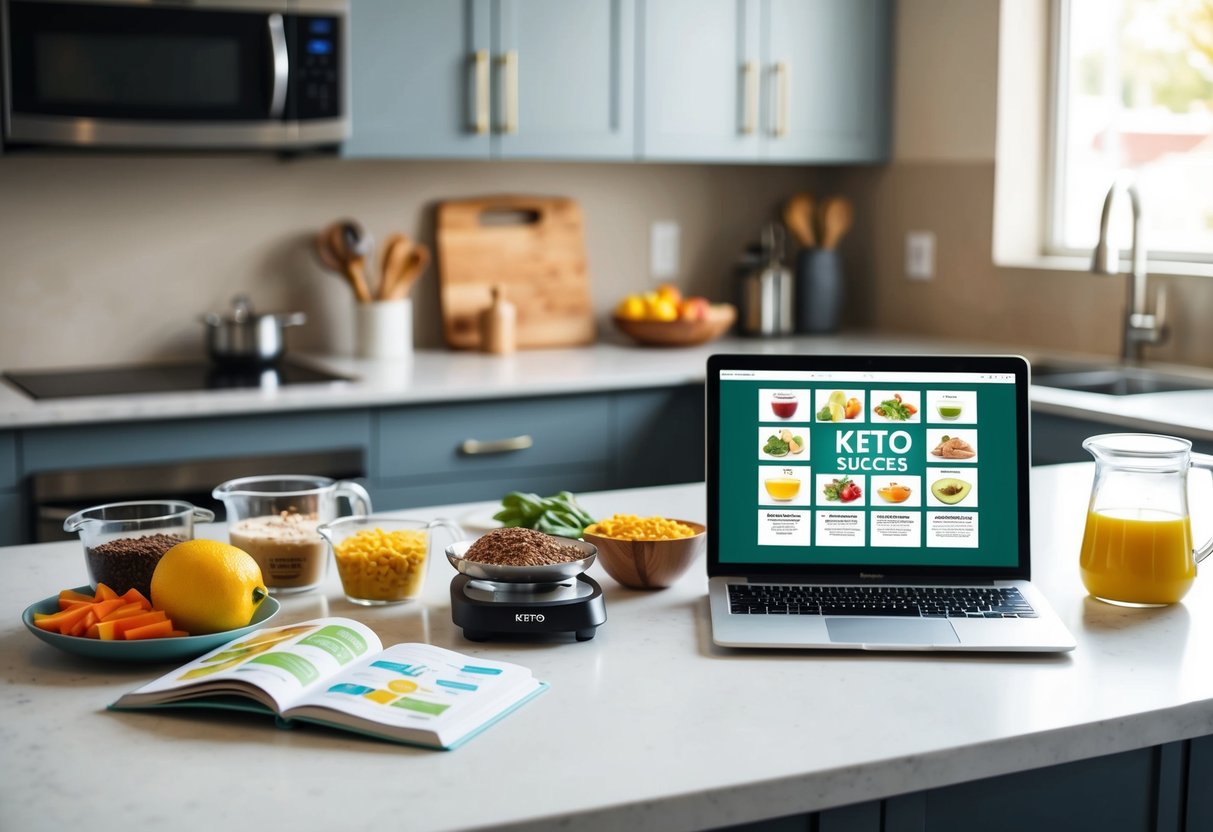 A kitchen counter with a scale, measuring cups, and various keto-friendly foods. An open cookbook with keto recipes and a laptop displaying keto success tips
