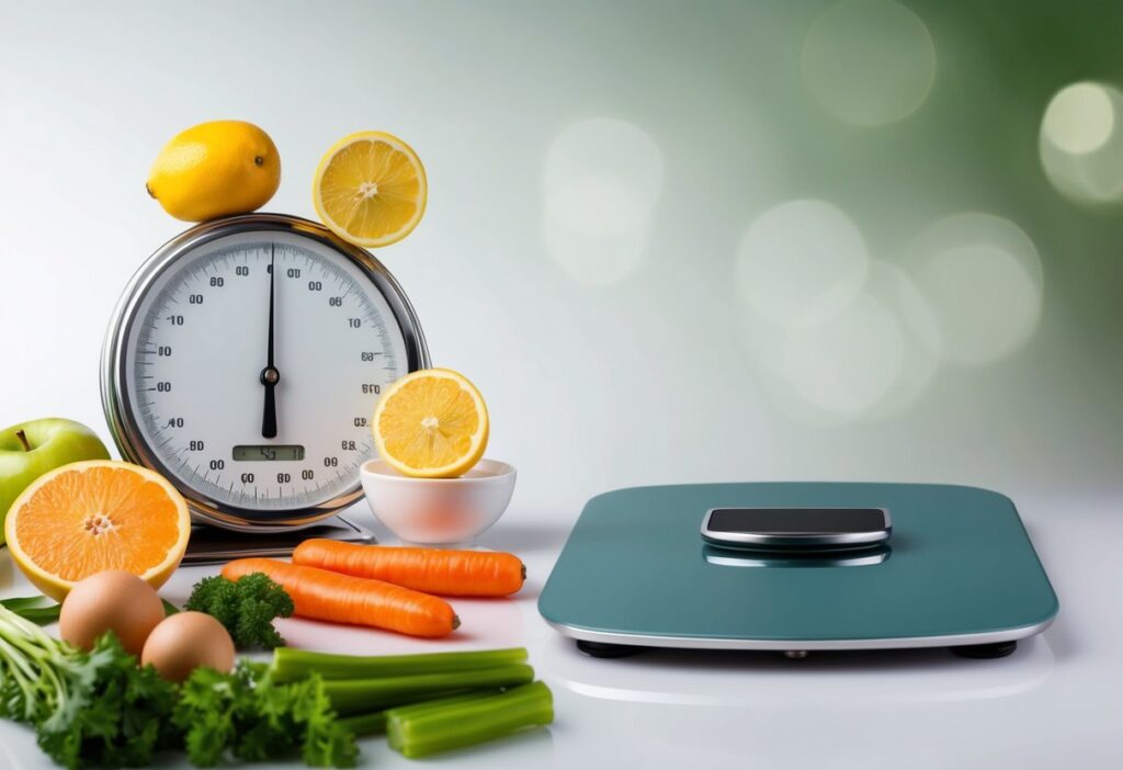 A modern and visually appealing digital graphic representing the keto diet and weight loss. The image should feature a clean, professional design with elements like healthy keto foods (avocados, eggs, salmon, nuts), a weight scale, and a subtle fat-burning effect. The background should be sleek with a soft gradient or a fitness-inspired setting.