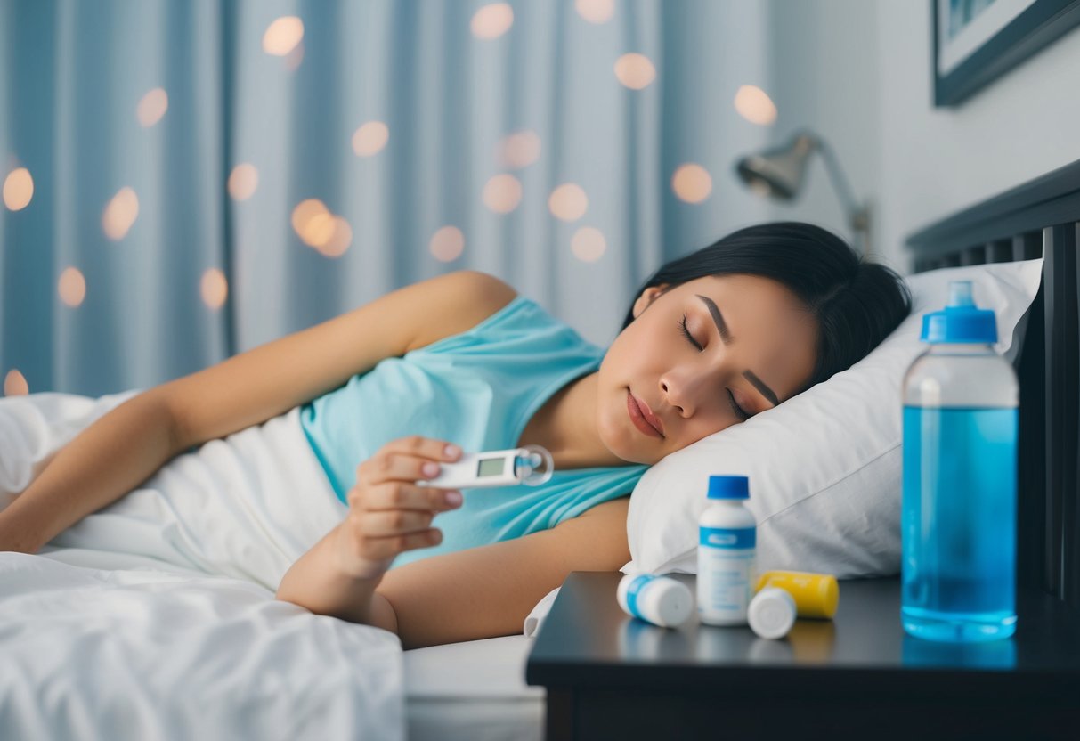 A sign of keto flu symptoms. A person lying in bed with a thermometer, water bottle, and electrolyte supplements on a bedside table