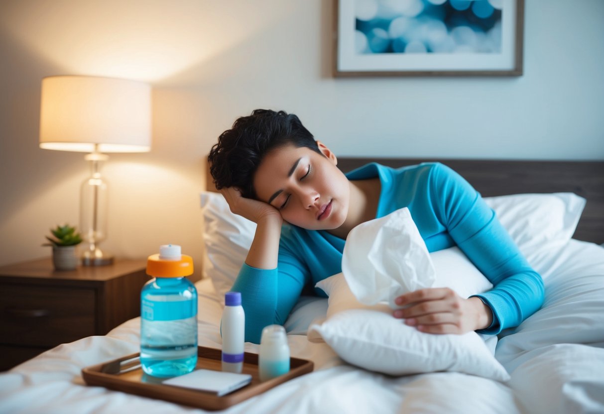 A person in bed with a thermometer, water bottle, and tissues, looking fatigued and achy