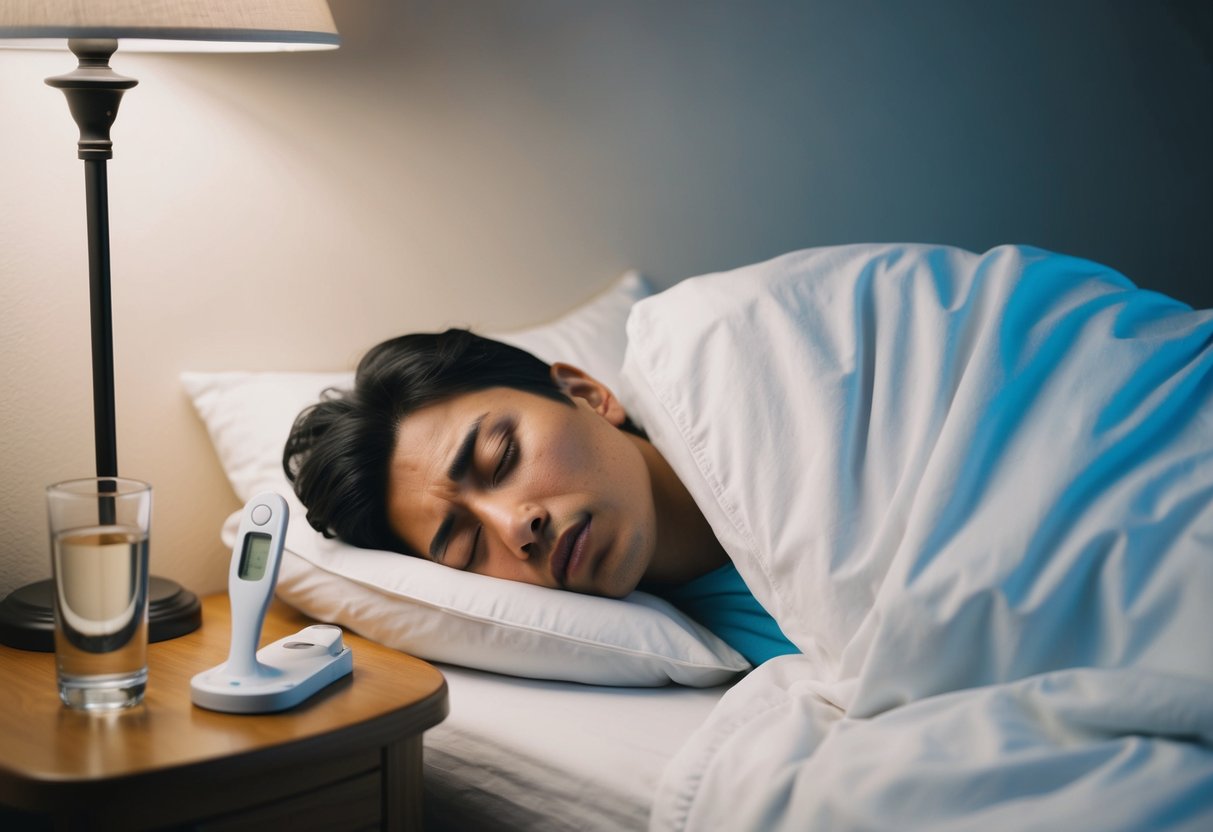 A person lying in bed, wrapped in blankets, with a thermometer and a glass of water on the bedside table. Their face shows signs of fatigue and discomfort