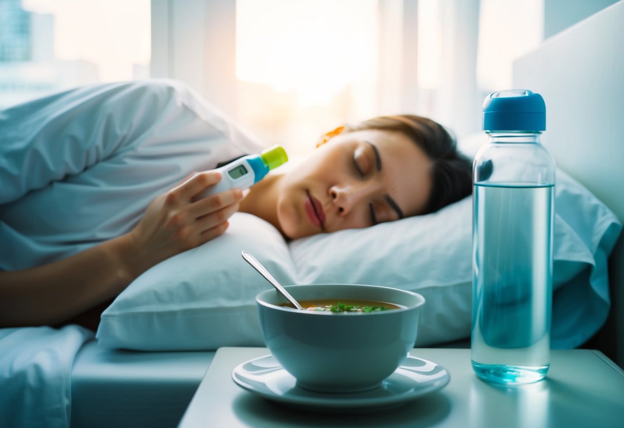 A person lying in bed with a thermometer, water bottle, and bowl of soup on a bedside table
