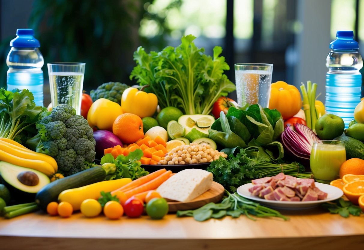 A colorful array of fresh vegetables and fruits, along with lean proteins and healthy fats, displayed on a table with a glass of water and electrolyte-rich beverages
