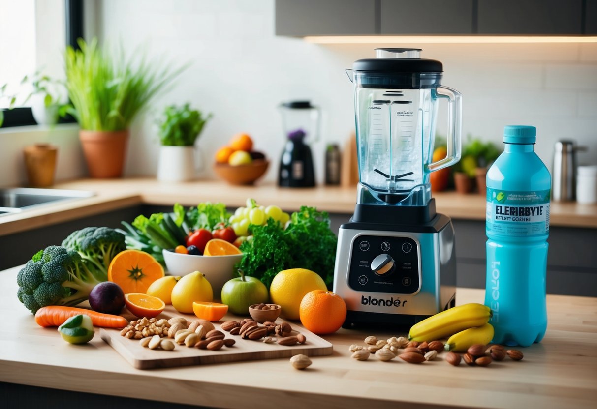 A kitchen counter with a variety of fresh vegetables, fruits, and nuts, a blender, and a bottle of electrolyte drink