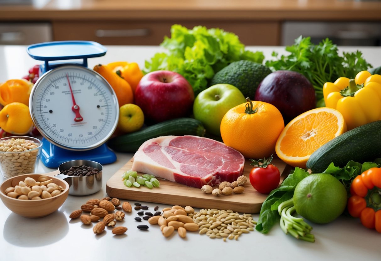 Paleo vs Keto diet nutrients. A table with a variety of colorful fruits, vegetables, and lean meats, alongside nuts and seeds. A scale and measuring cups sit nearby
