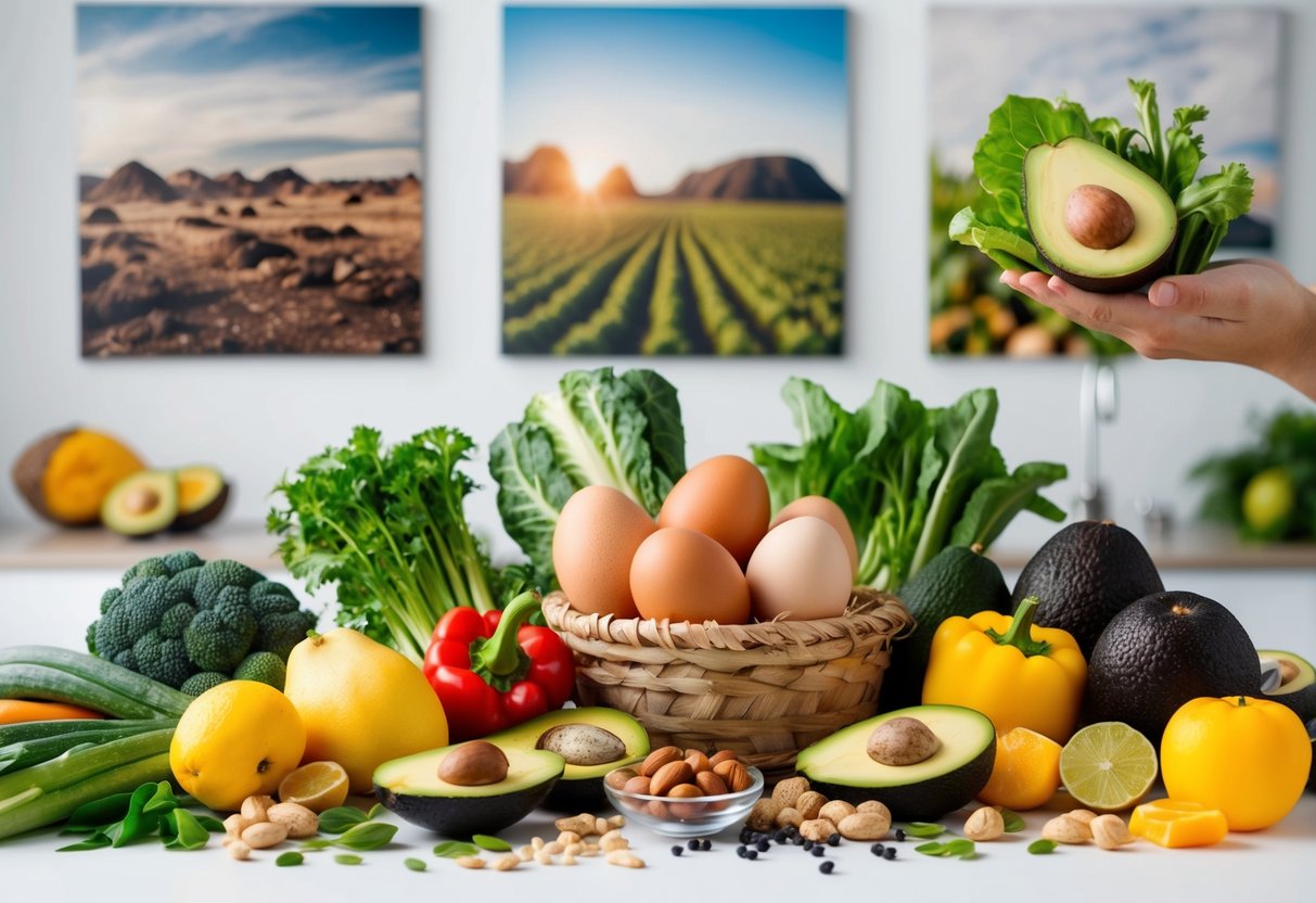 A table set with various fresh vegetables, fruits, nuts, seeds, and lean meats, with a basket of eggs and avocados, surrounded by images of prehistoric landscapes and modern health food