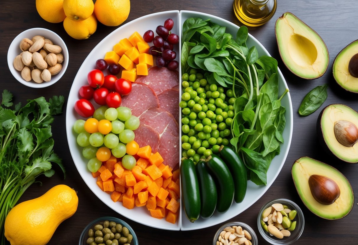 A table split in half, one side filled with fruits, vegetables, and lean meats, while the other side has avocados, nuts, and oils