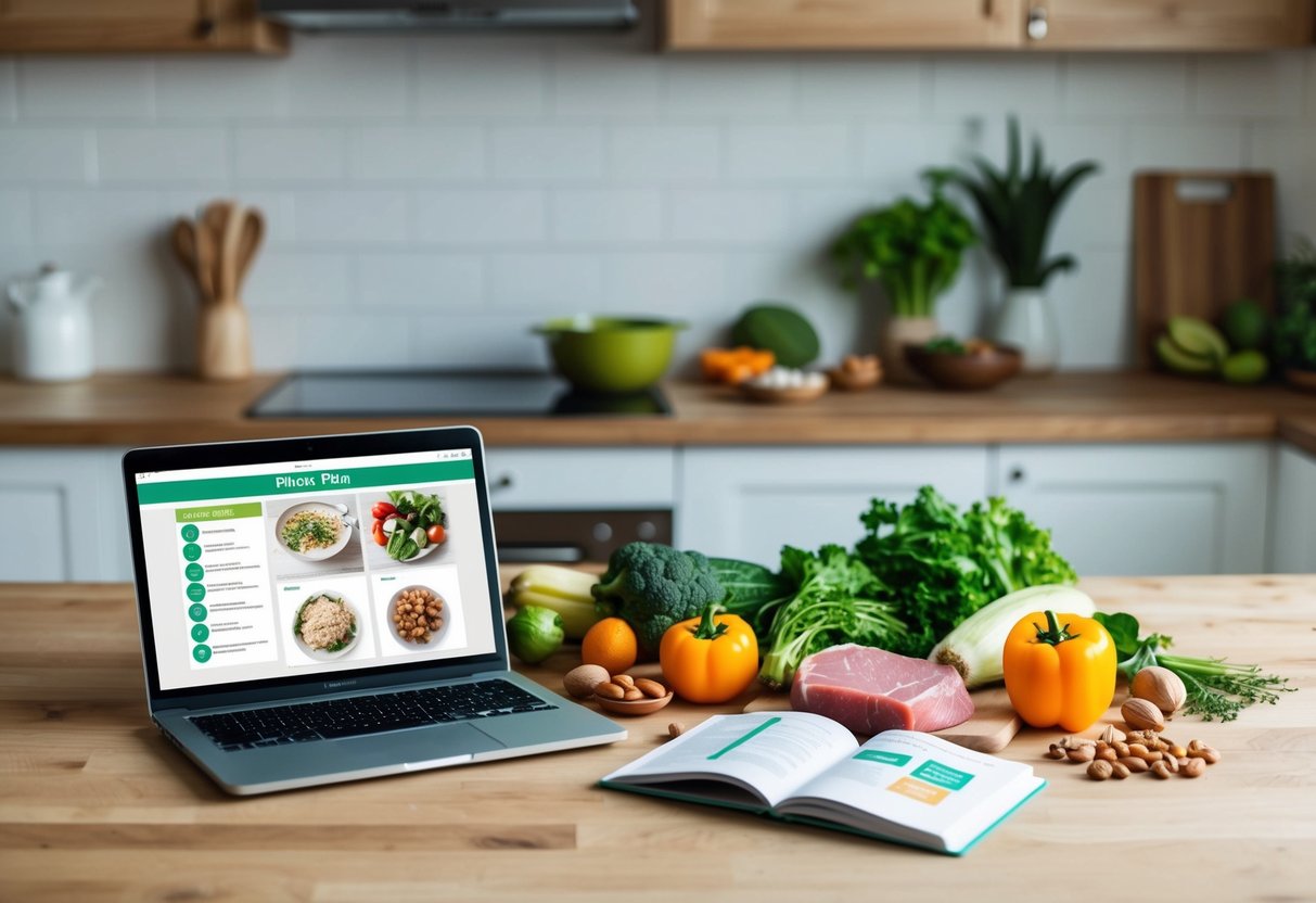 A kitchen counter with fresh vegetables, nuts, and lean meats. A cookbook open to a Paleo recipe, and a laptop displaying a Keto meal plan