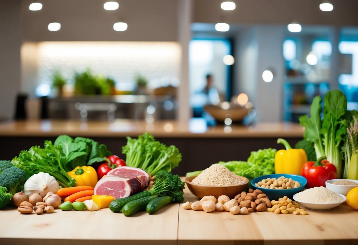 A table with a variety of fresh vegetables, meat, nuts, and healthy fats on one side, and processed foods, grains, and sugary items on the other