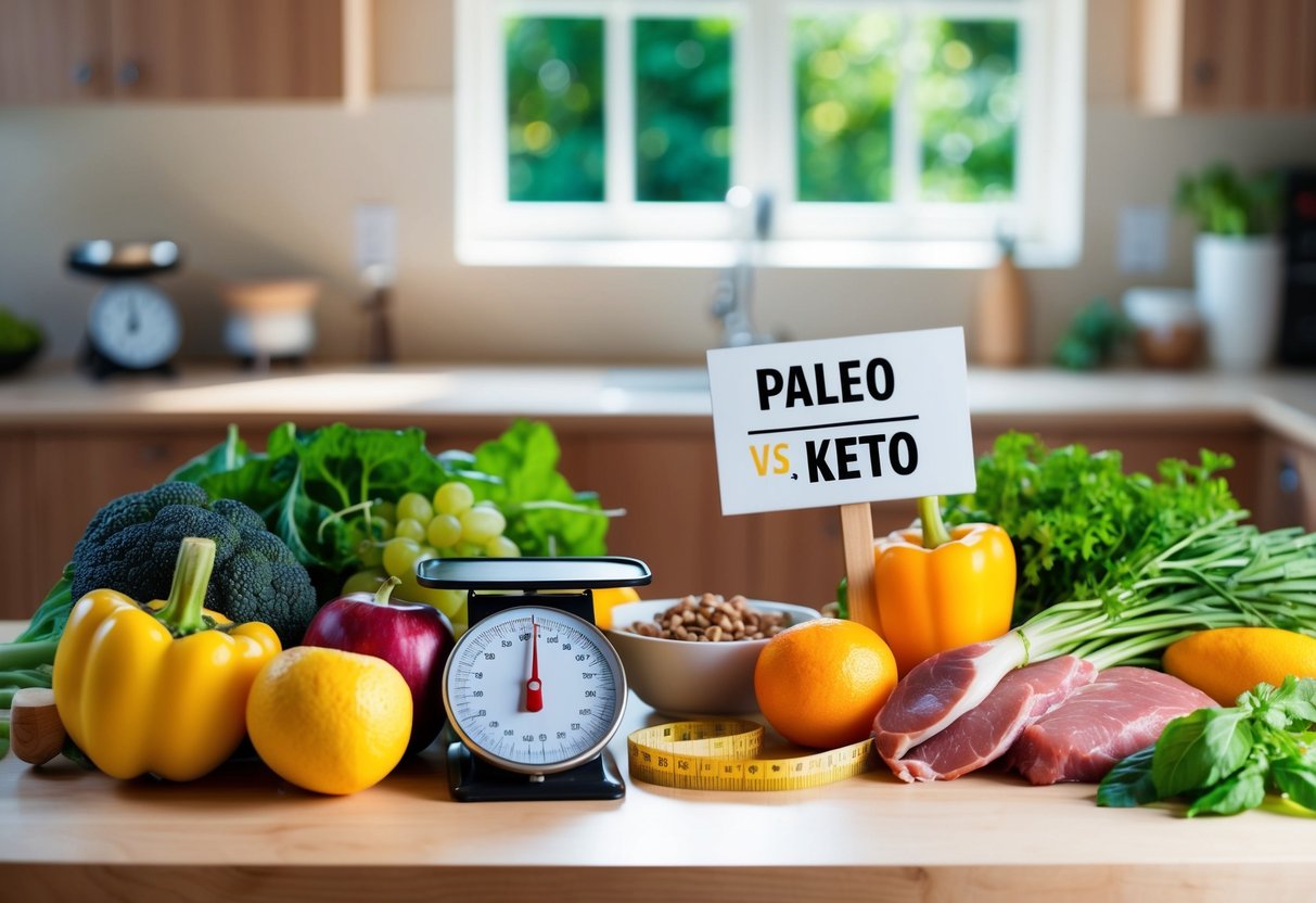 A table with fresh vegetables, fruits, and lean meats. A scale and measuring tape nearby. A sign with "Paleo vs Keto" on it