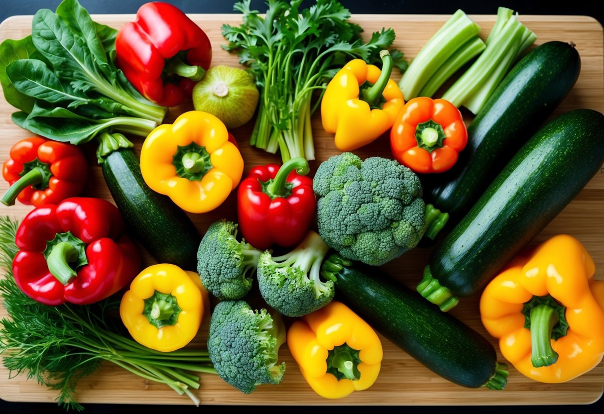 A colorful array of low-carb vegetables arranged on a wooden cutting board, including leafy greens, bell peppers, broccoli, and zucchini