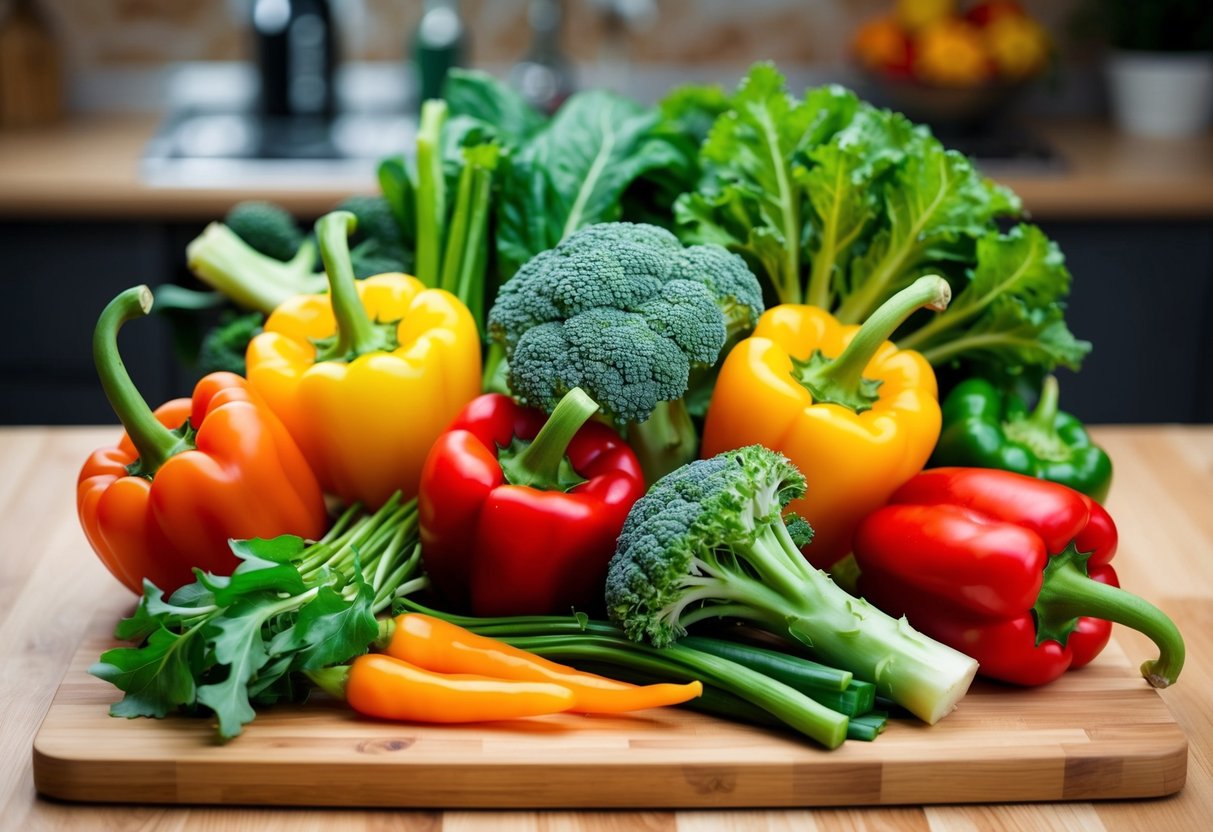 A colorful array of keto diet vegetables, such as leafy greens, broccoli, and bell peppers, arranged on a wooden cutting board