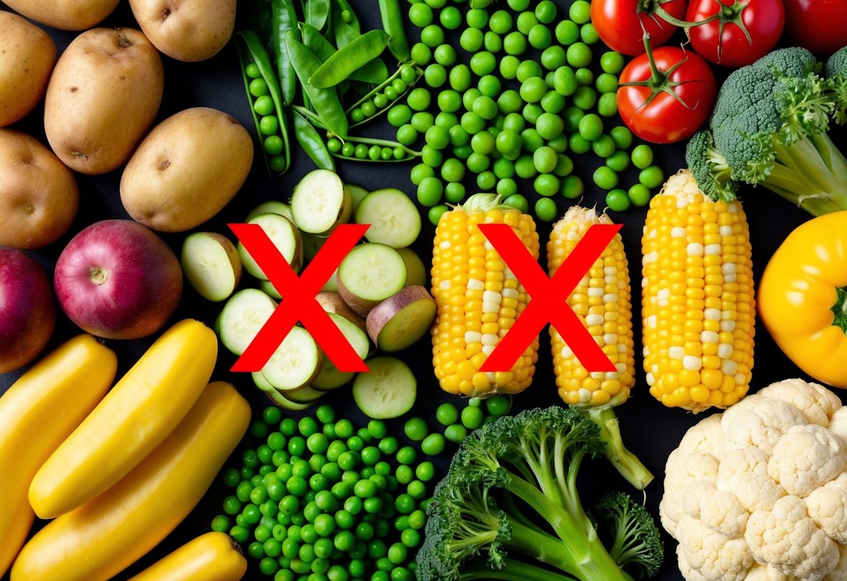 A colorful array of high-carb vegetables such as potatoes, corn, and peas displayed with a red "X" over them, while low-carb options like spinach, broccoli, and cauliflower are highlighted