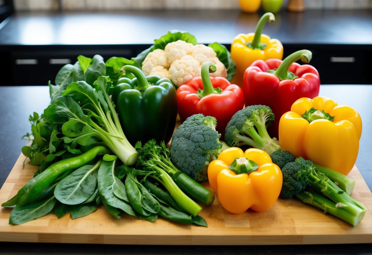 A colorful array of low-carb vegetables arranged on a cutting board, including leafy greens, bell peppers, broccoli, and cauliflower