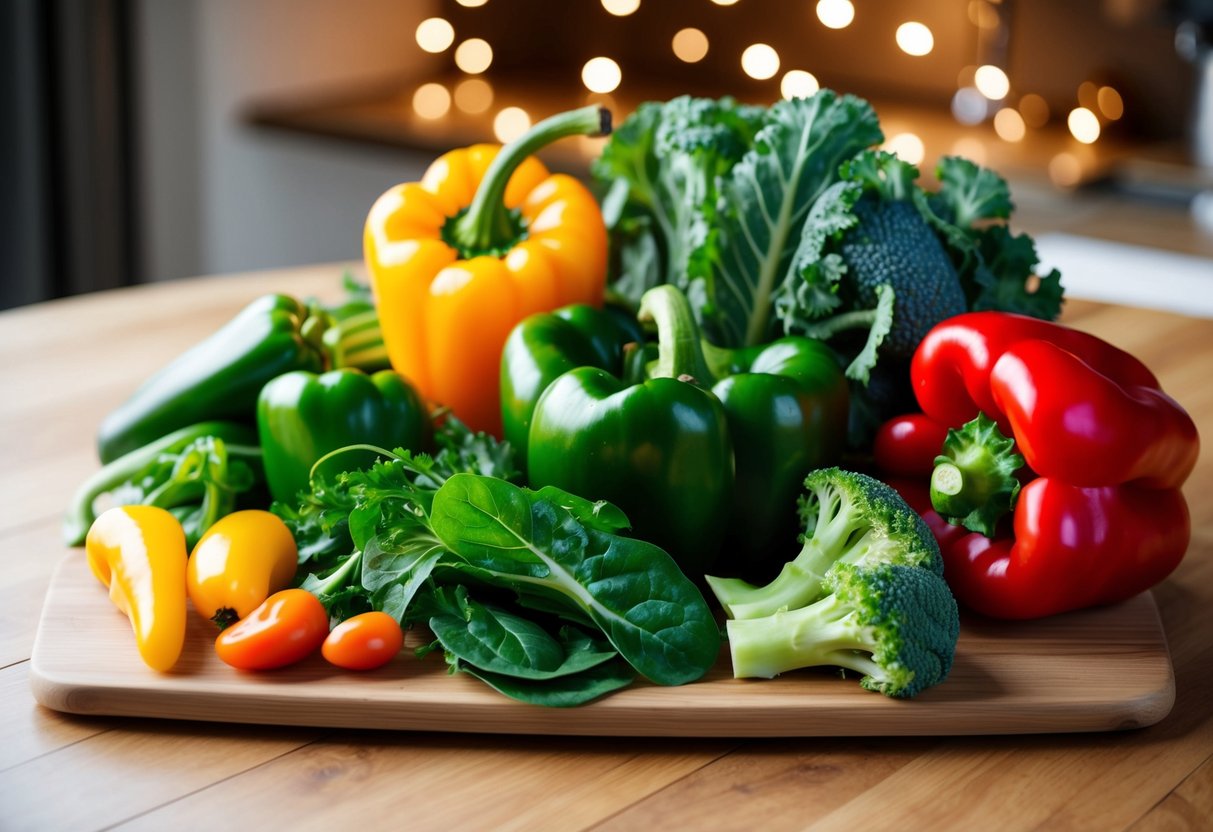 A colorful array of low-carb vegetables, such as leafy greens, bell peppers, and broccoli, arranged on a wooden cutting board