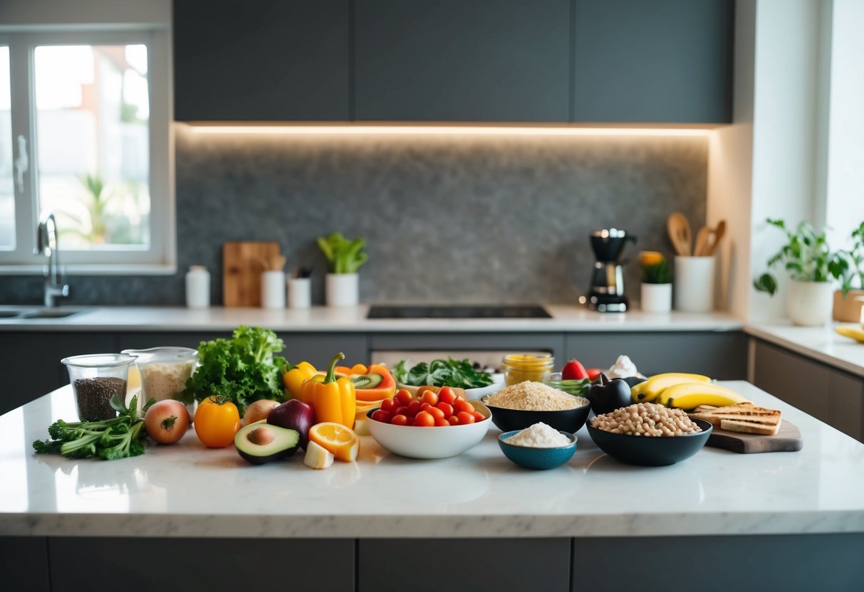 A kitchen counter with a variety of keto-friendly foods and ingredients laid out for meal planning
