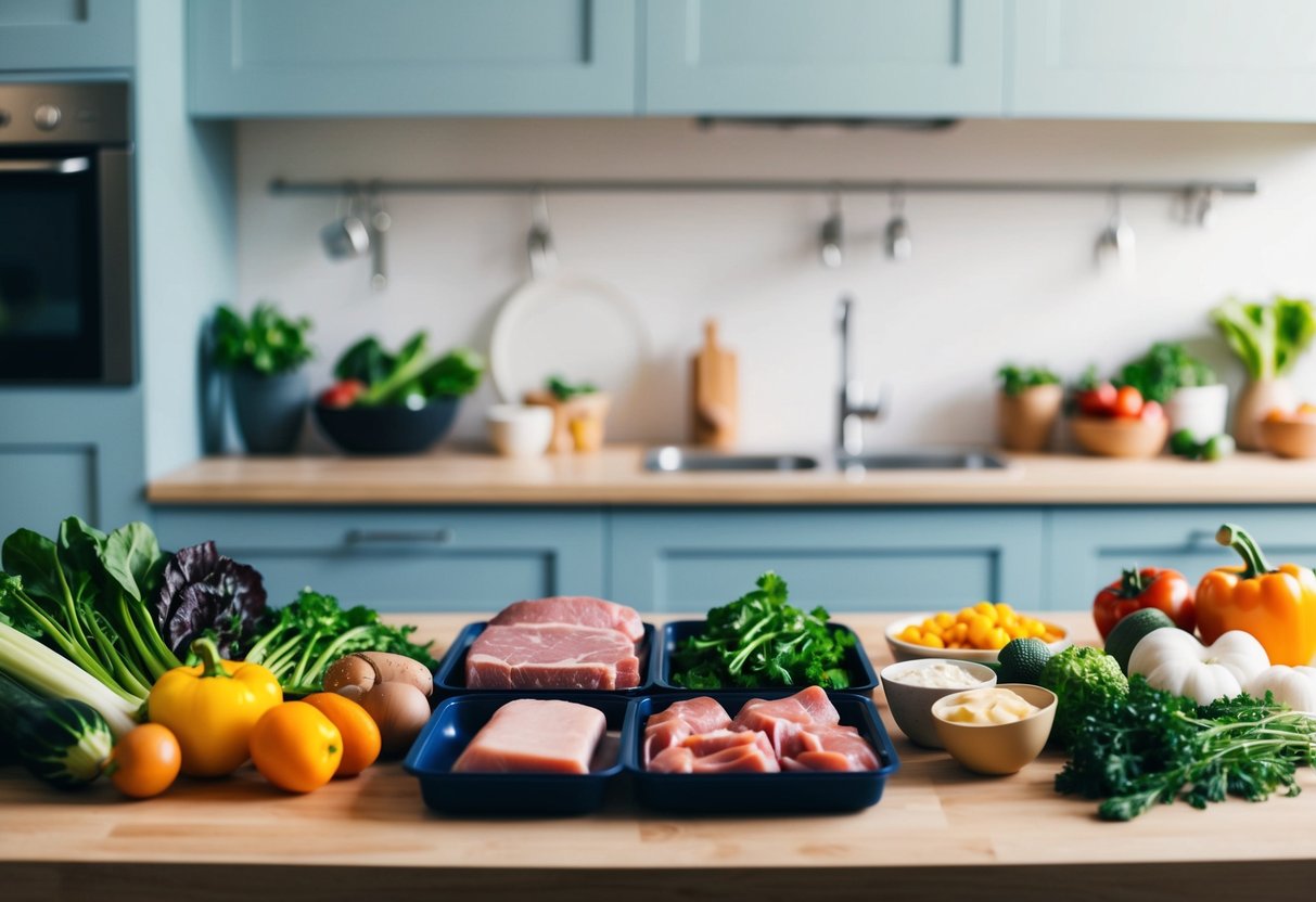 A kitchen counter with a variety of fresh vegetables, lean meats, and healthy fats laid out for meal prepping on a weekly schedule