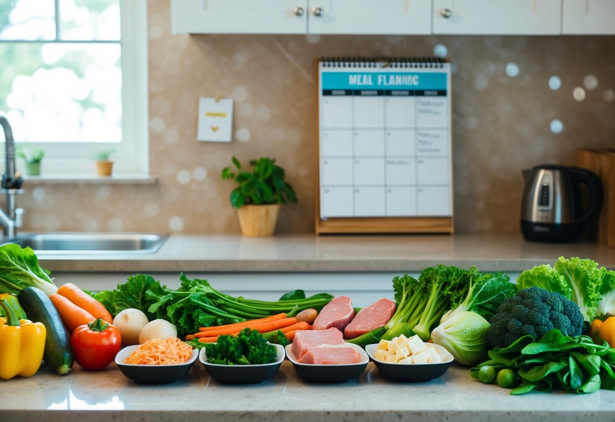 A kitchen counter with a variety of fresh vegetables, lean proteins, and healthy fats laid out for meal prep. A calendar with meal planning notes is visible in the background